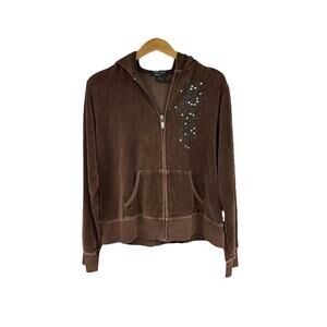 Vintage Y2K Style Brown Velour Zip Up Sweatshirt Streetwear Jacket Womens M